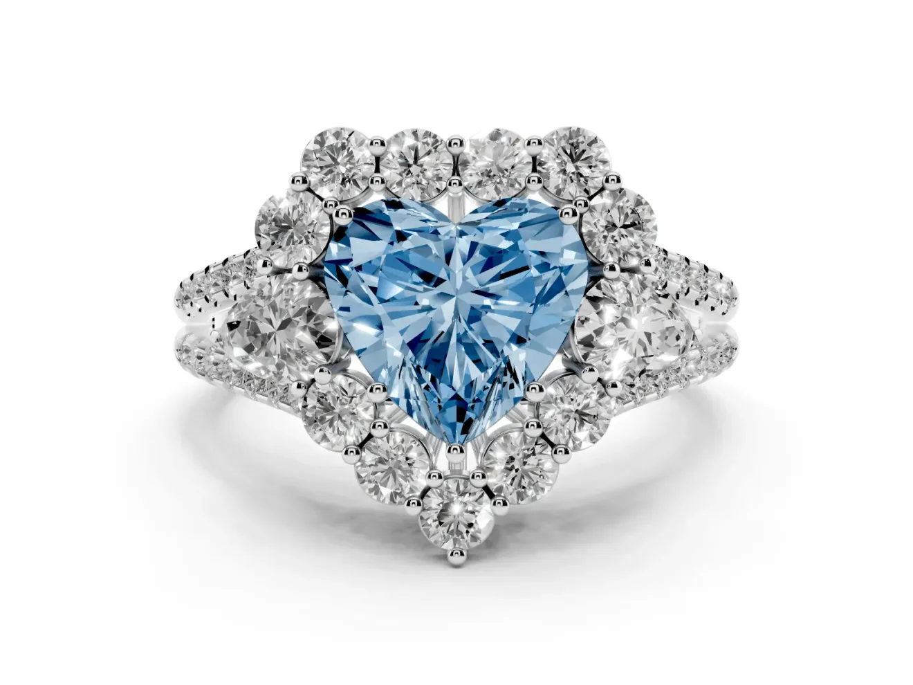 Fancy Blue Heart Cut Diamond Halo Split Shank Engagement Ring Set in Silver with Prong-Held Center Stone