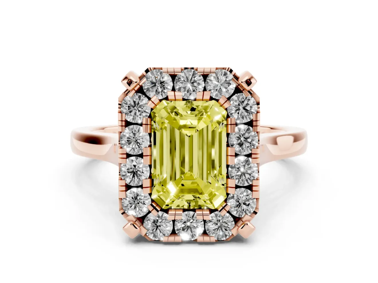 Emerald Cut Claw Corner Halo Engagement Ring Setting for a Fancy Yellow Lab-Grown Diamond | Slim Plain Band | Rose Gold