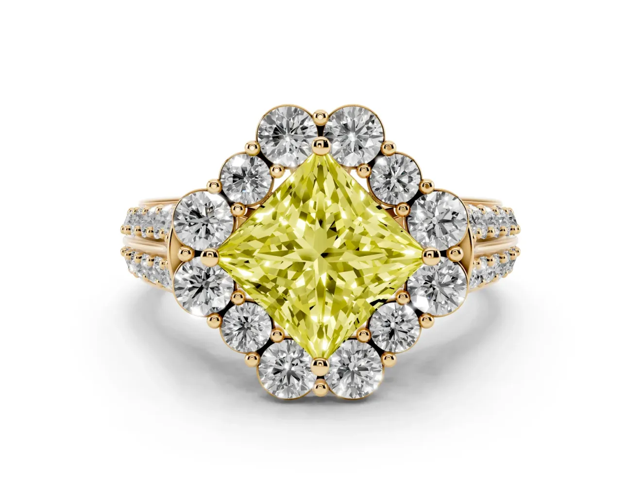 Fancy Yellow Princess Cut Diamond Halo Engagement Ring Set in Yellow gold with Split Shank and Prong Setting