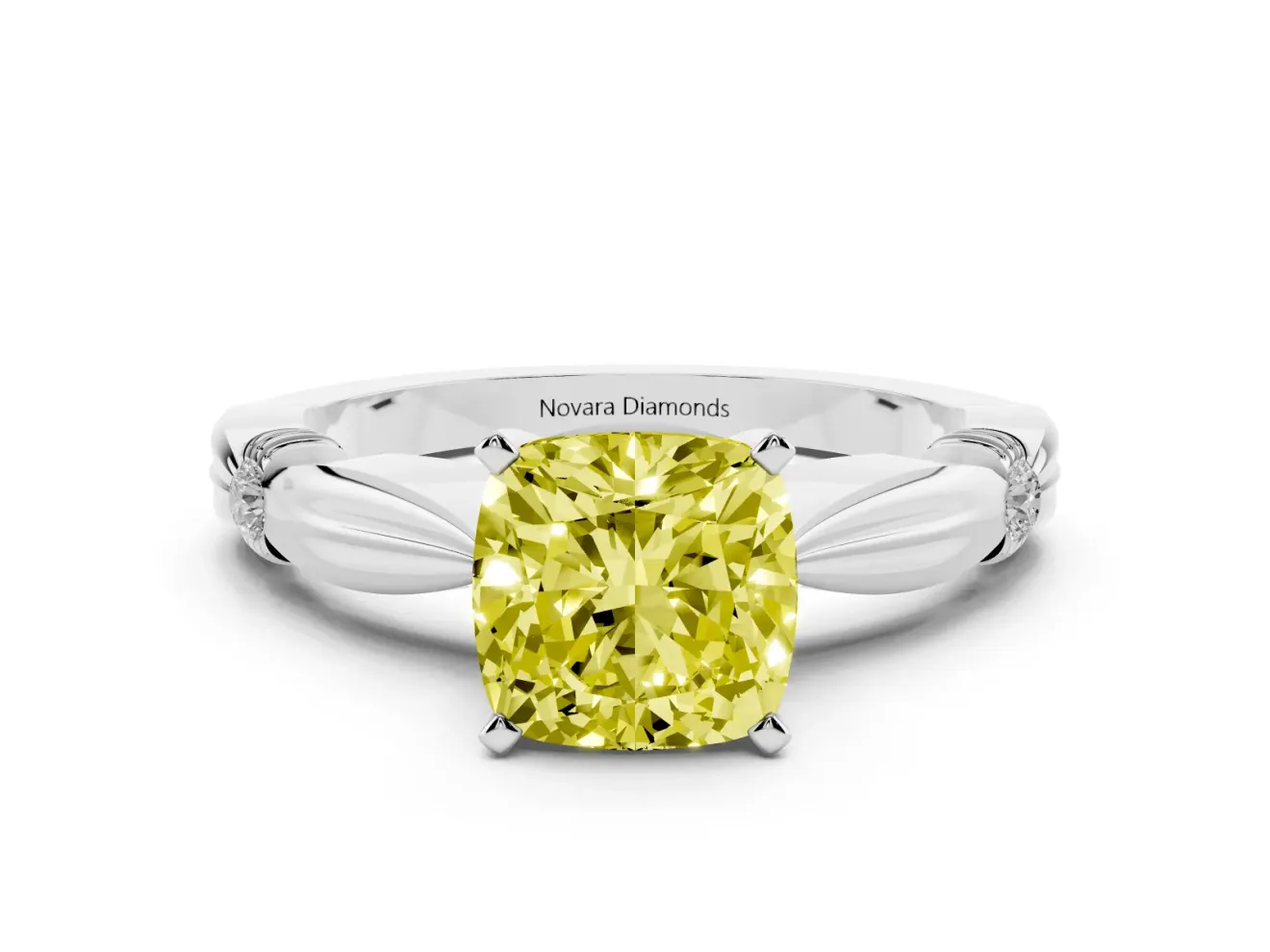 Fancy Yellow Cushion Cut Diamond Solitaire Twisted Band Ring Set in Silver with Accent Stones and Prong Setting