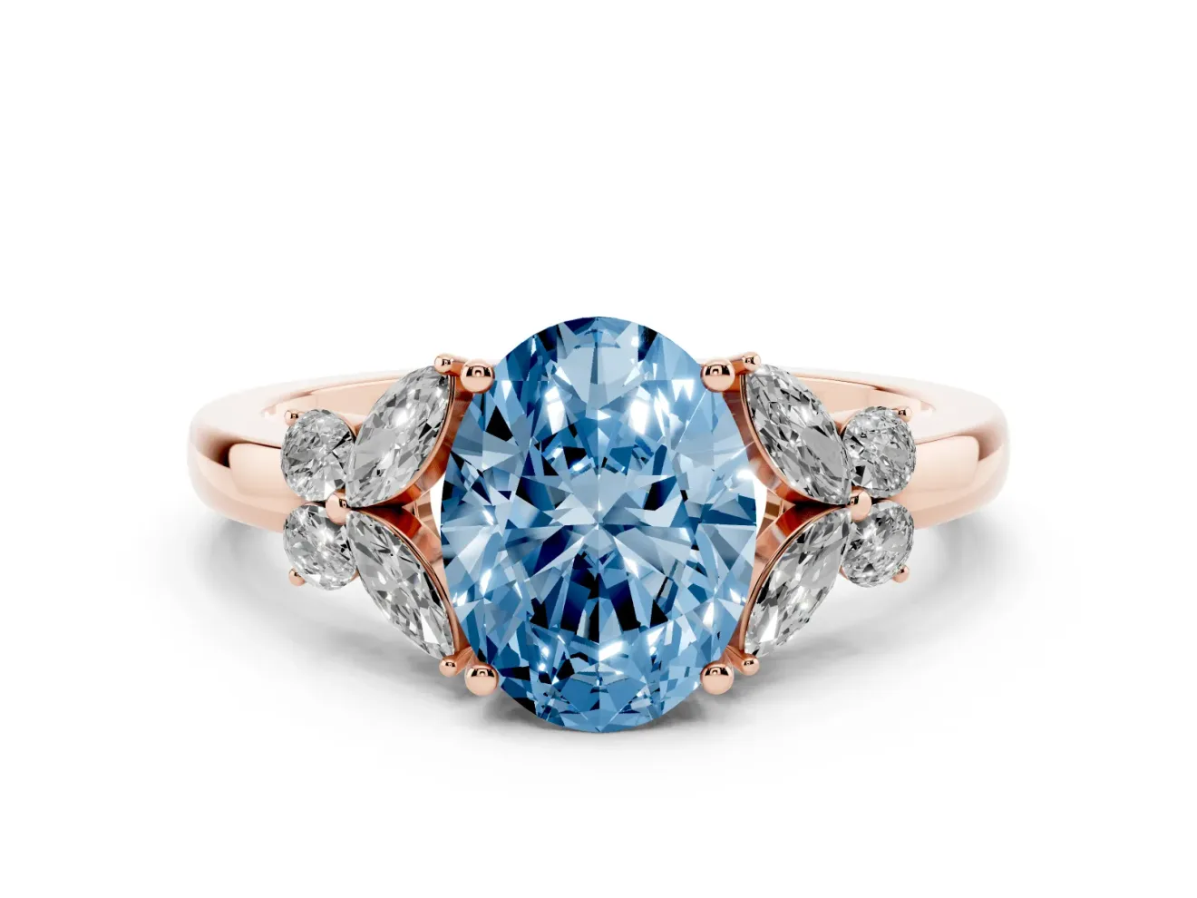 Fancy Blue Oval Cut Diamond Solitaire Floral Ring Set in Rose gold with Marquise Petals and Prong Setting