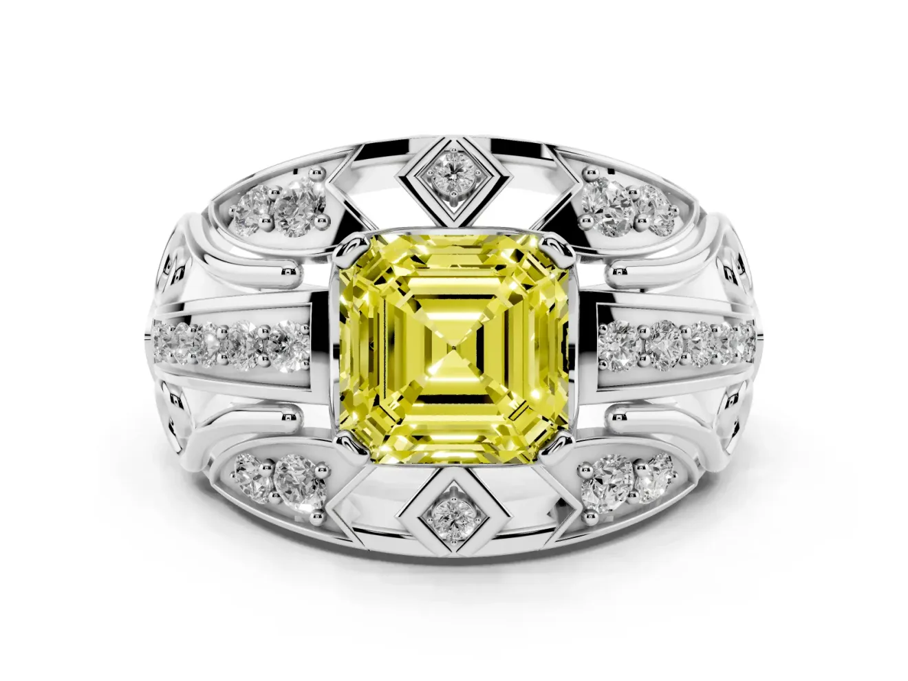 Asscher Cut Art Deco Engagement Ring Setting for a Fancy Yellow Lab-Grown Diamond | Platinum