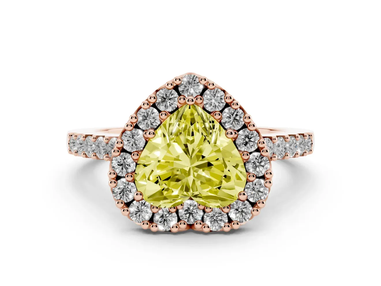 Fancy Yellow Heart Cut Diamond Halo Pavé Solitaire Ring Set in Rose gold with Prong-Set Center Stone