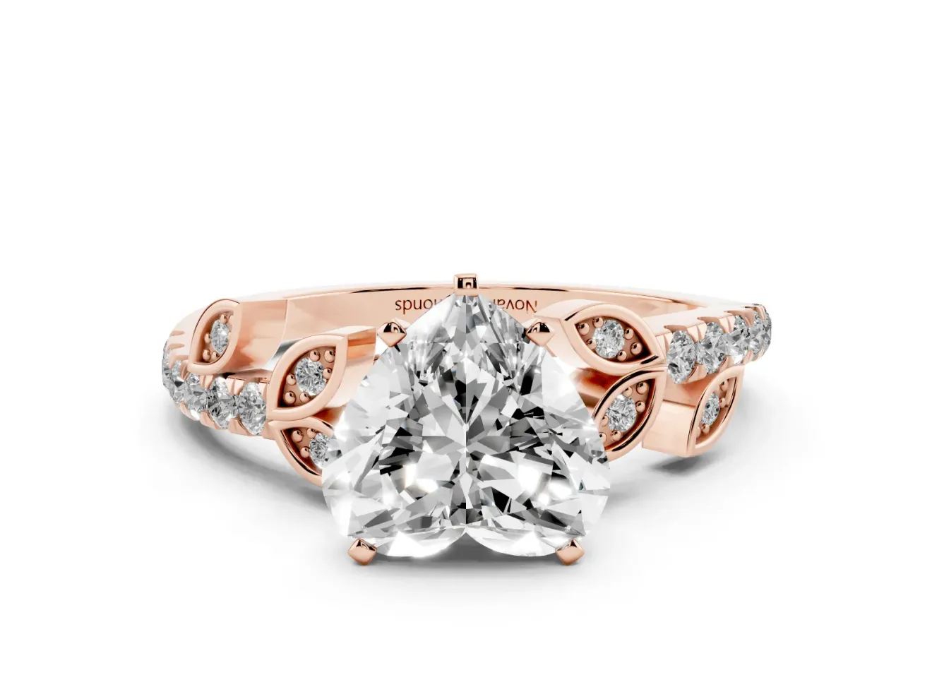 Heart Cut Diamond Solitaire Leaf-Inspired Ring Set in Rose gold with Pavé Band and Prong Setting