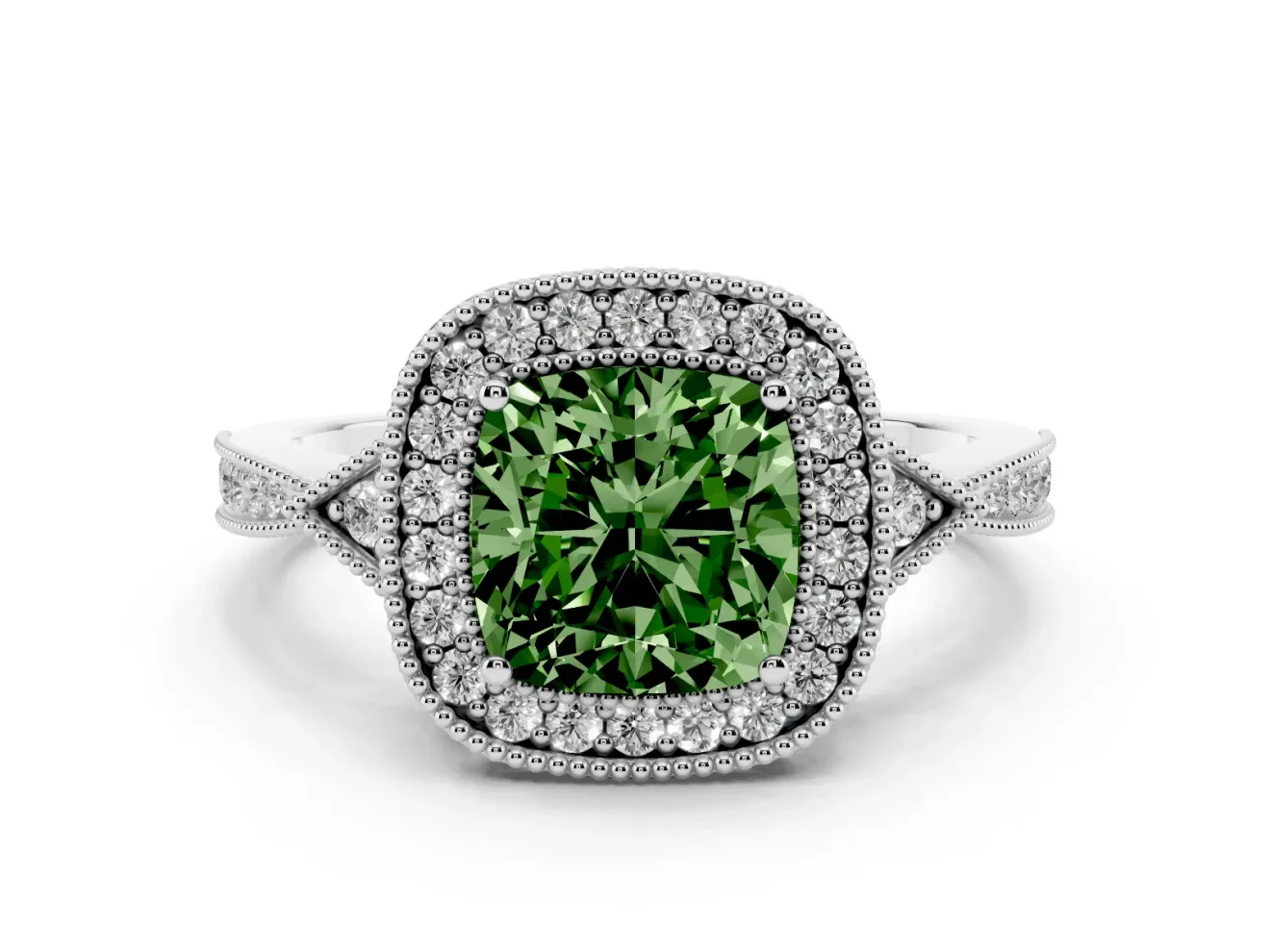 Fancy Green Cushion Cut Diamond Halo Engagement Ring Set in Silver with Milgrain Pavé Band