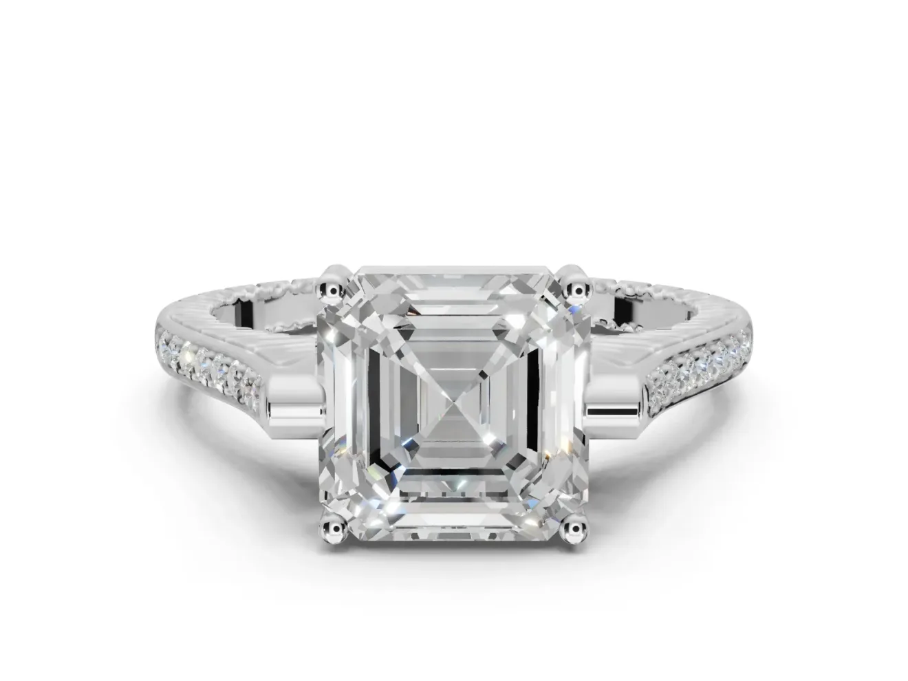 Asscher Cut Vintage Cathedral Engagement Ring Setting | Carved Band | White Gold
