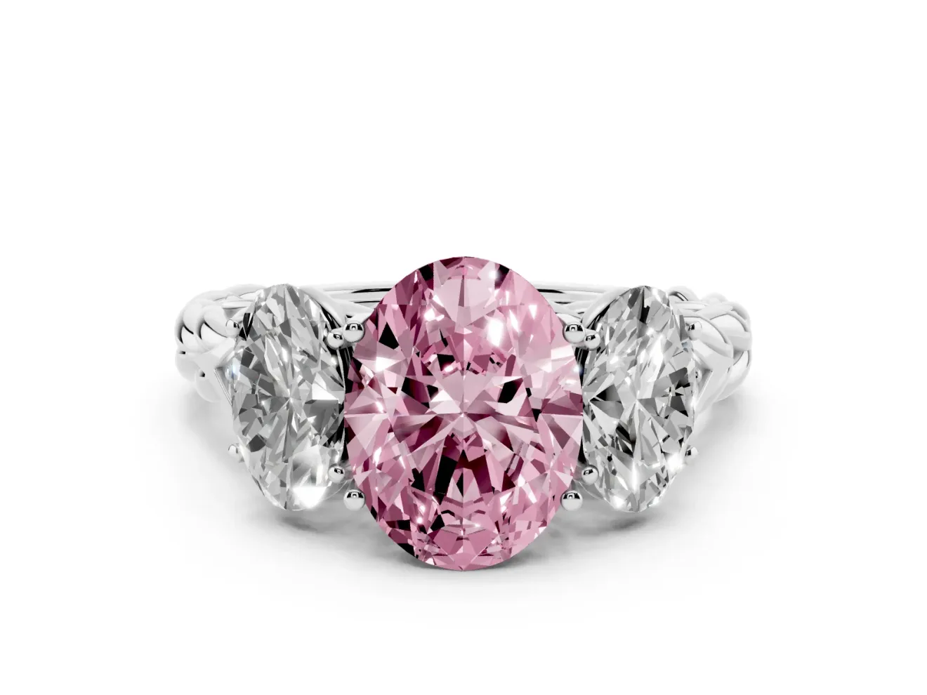 Oval Three Stone Engagement Ring Setting for a Fancy Pink Lab-Grown Diamond | Braided Band | Sterling Silver