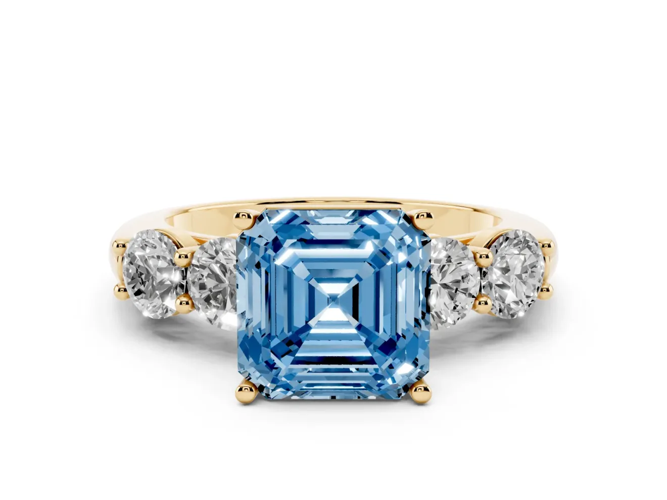 Asscher Cut Five Stone Engagement Ring Setting for a Fancy Blue Lab-Grown Diamond | Prong Set Side Stones | Yellow Gold