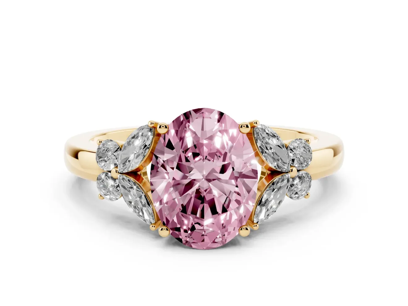 Fancy Pink Oval Cut Diamond Solitaire Floral Ring Set in Yellow gold with Marquise Petals and Prong Setting