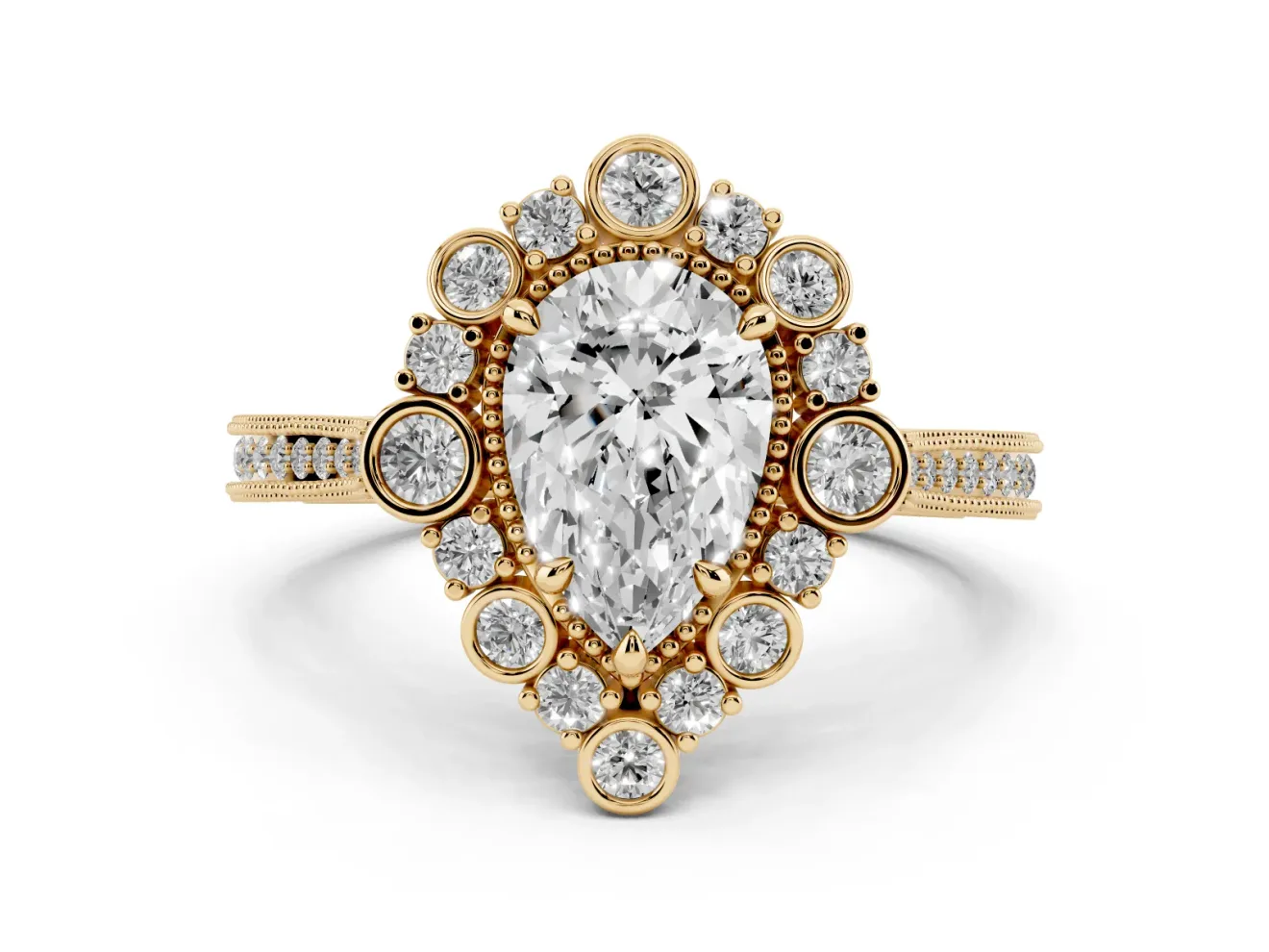 Pear-Shaped Vintage Scalloped Halo Engagement Ring Setting | Milgrain Pavé Band | Yellow Gold