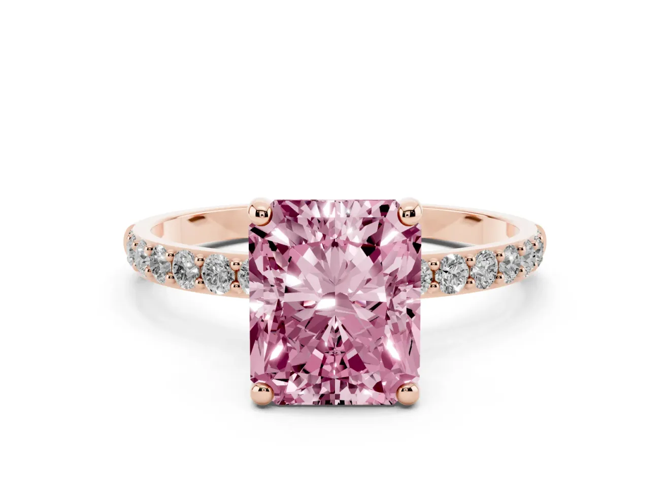 Fancy Pink Radiant Cut Diamond Solitaire Ring Set in Rose gold with Round Pavé Band and Prong Setting