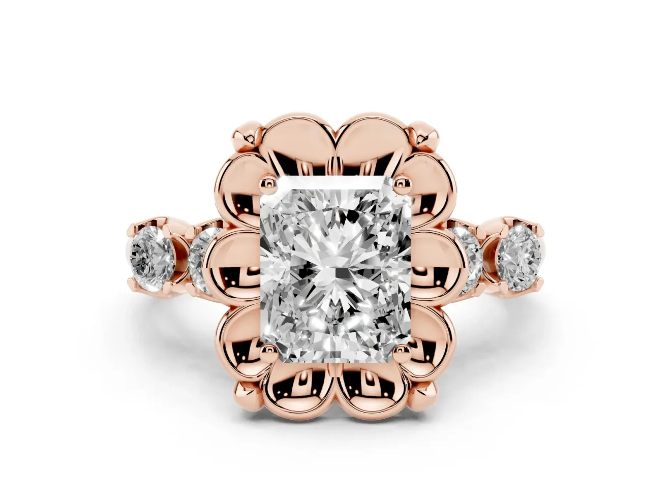 Radiant Cut Floral Engagement Ring Setting | Petal Frame and Side Stones | Rose Gold