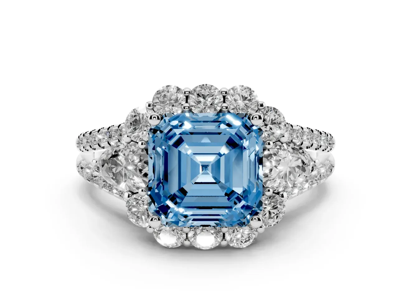 Fancy Blue Asscher Cut Diamond Halo Split Shank Engagement Ring Set in Silver with Prong-Held Center Stone