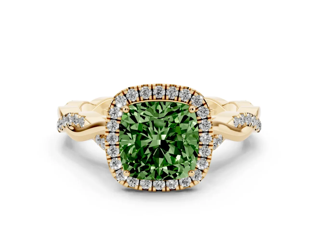 Cushion Cut Twist Halo Engagement Ring Setting for a Fancy Green Lab-Grown Diamond | Yellow Gold