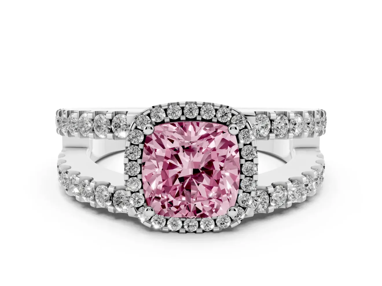 Fancy Pink Cushion Cut Diamond Halo Ring Set in Platinum with Pavé Split Shank and Prong Setting