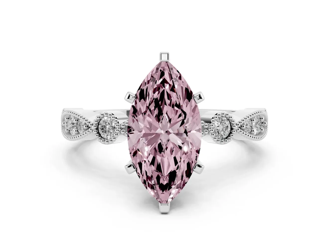Fancy Pink Marquise Cut Diamond Solitaire Engagement Ring Set in White gold with Milgrain Bezel Accent Band