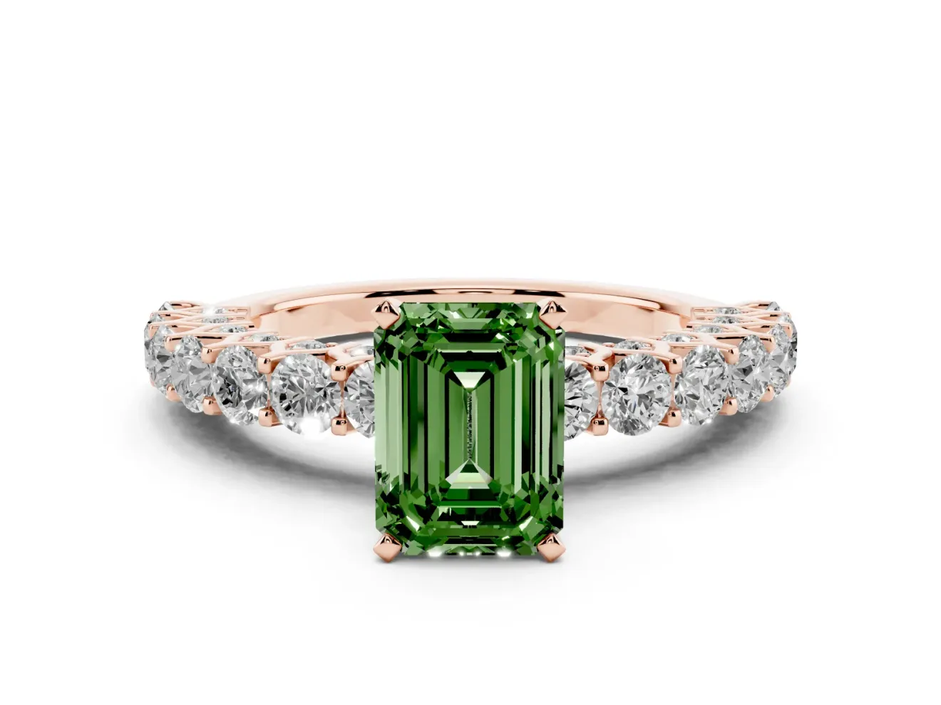 Emerald Cut Shared Prong Engagement Ring Setting for a Fancy Green Lab-Grown Diamond | Rose Gold