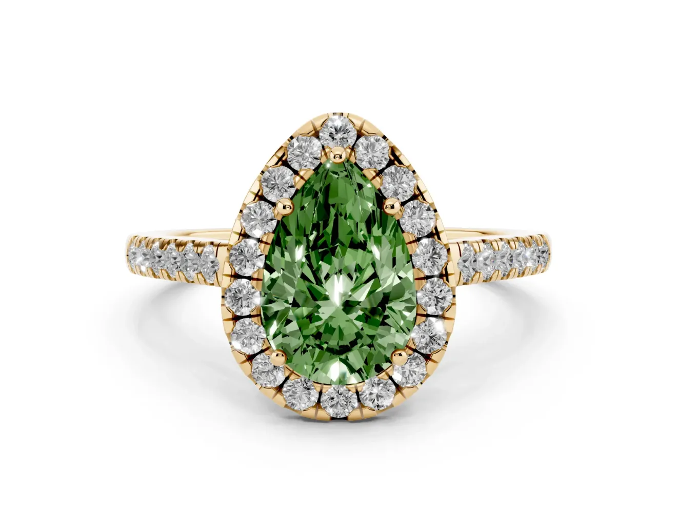 Pear-Shaped Halo Engagement Ring Setting for a Fancy Green Lab-Grown Diamond | Pave Shoulders | Yellow Gold