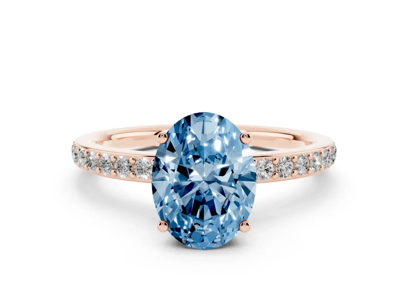 Fancy Blue Oval Cut Diamond Pavé Band Ring Set in Rose gold with Prong-Set Center Stone
