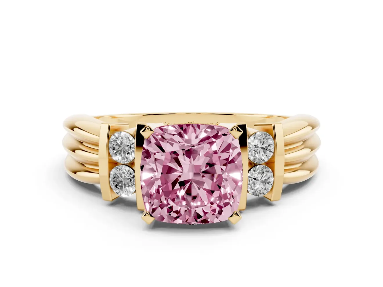 Fancy Pink Three-Stone Cushion Cut Diamond Channel Set Ring Set in Yellow gold with Bar Prongs
