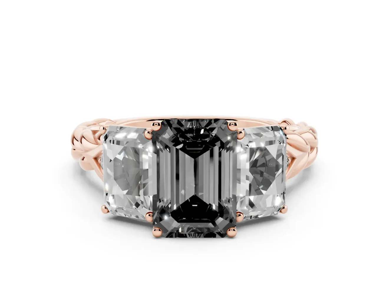 Emerald Cut Three Stone Engagement Ring Setting for a Black Center | Braided Band | Rose Gold
