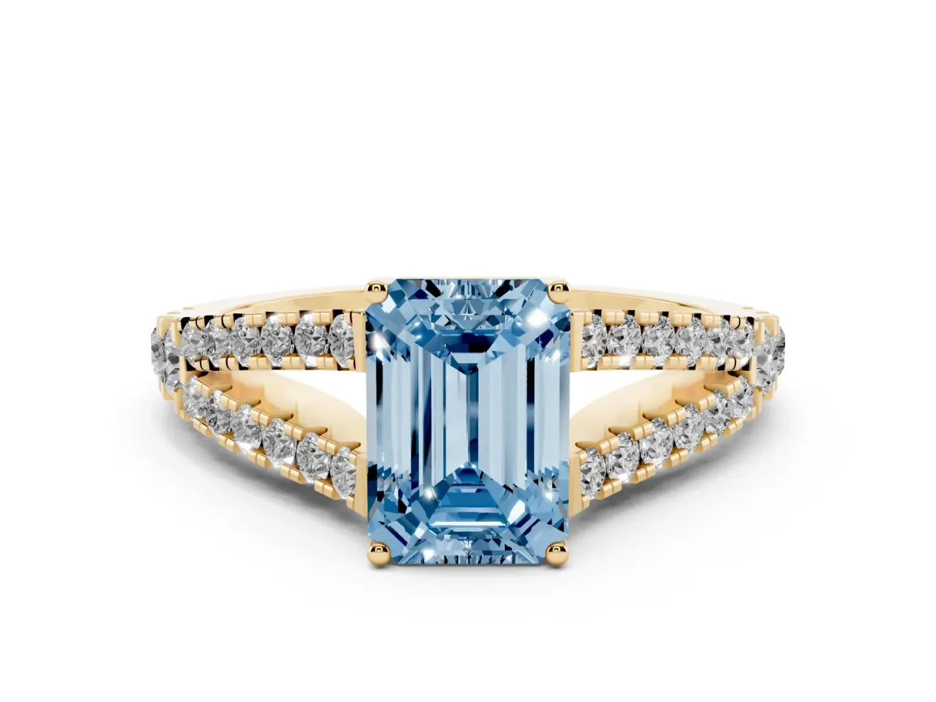Emerald Cut Graduated Split Shank Engagement Ring Setting for a Fancy Blue Lab-Grown Diamond | Yellow Gold