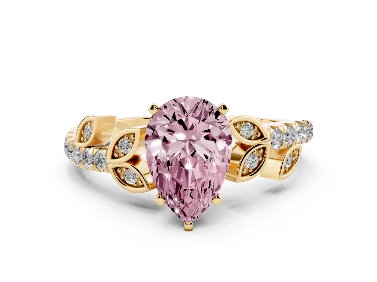 Fancy Pink Pear Cut Diamond Solitaire Leaf-Inspired Ring Set in Yellow gold with Pavé Band and Prong Setting