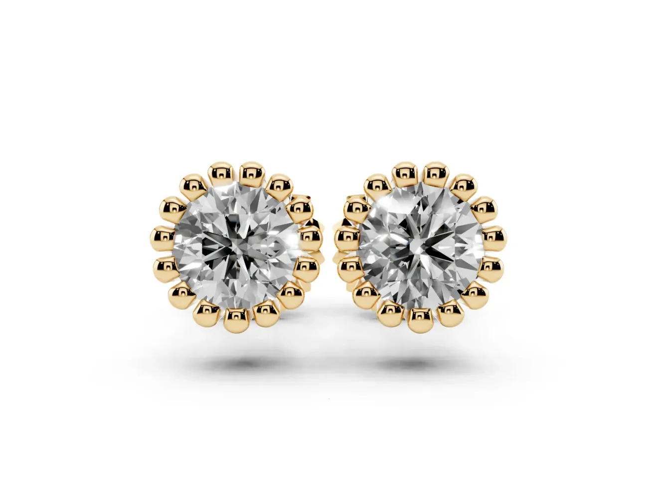 Round Lab-Grown Diamond Scalloped Solitaire Stud Earrings | Beaded Crown Head | Yellow Gold