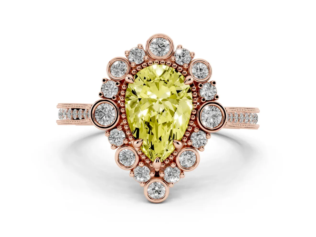 Fancy Yellow Pear Cut Diamond Halo Milgrain Pavé Ring Set in Rose gold with Prong Setting