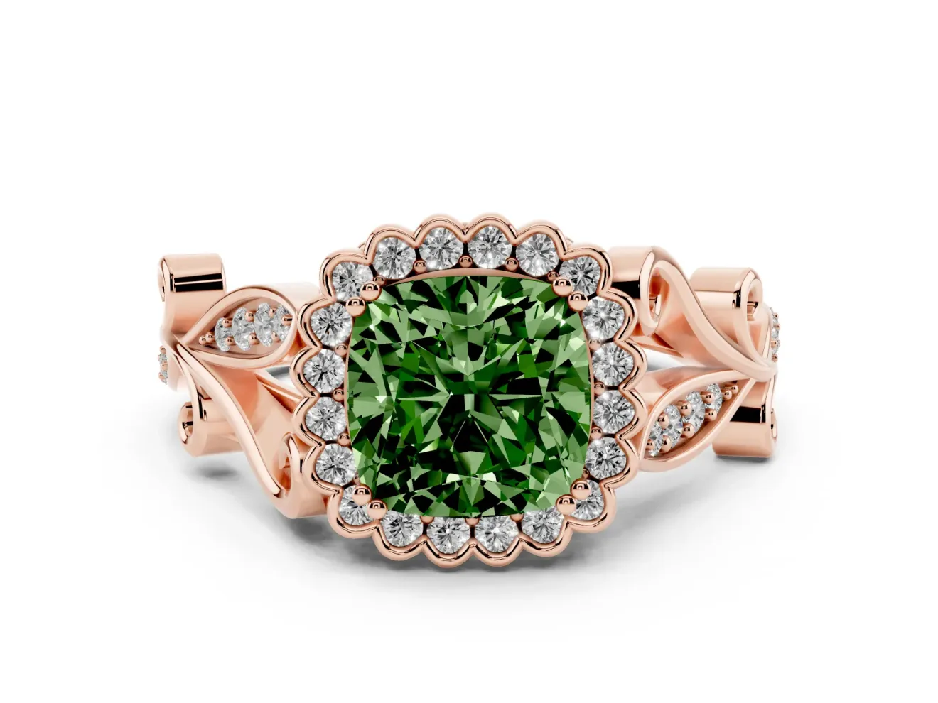 Cushion Cut Leaf Halo Engagement Ring Setting for a Fancy Green Lab-Grown Diamond | Rose Gold