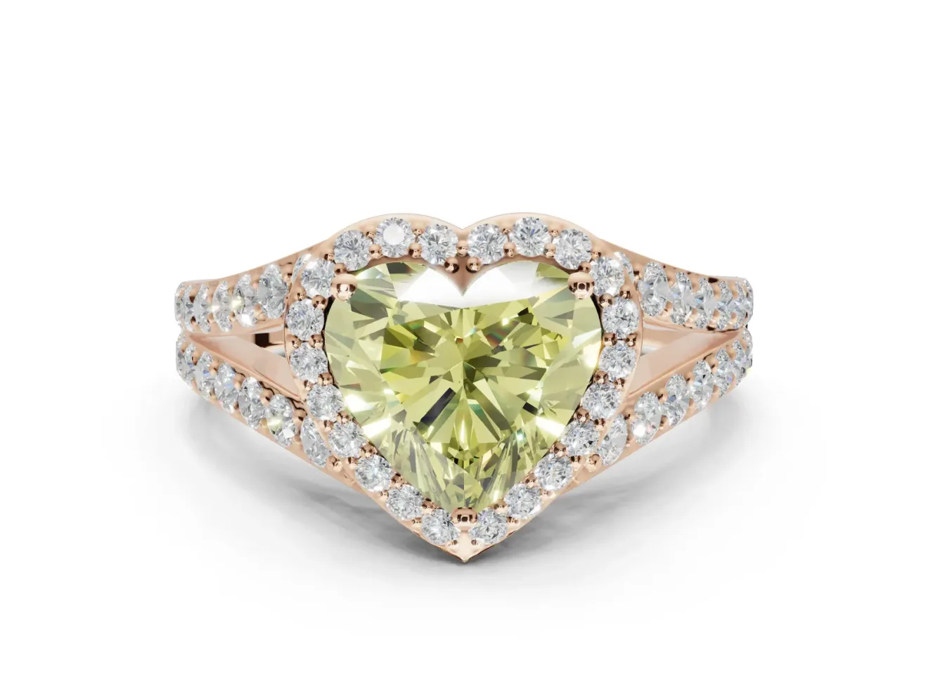 Heart-Shaped Halo Pavé Engagement Ring Setting for a Fancy Yellow Lab-Grown Diamond | Narrow Split Shank | Rose Gold