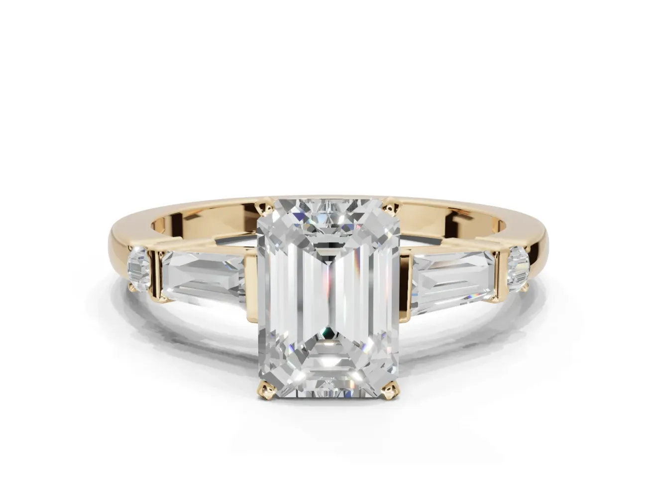 Emerald Cut Tapered Baguette Engagement Ring Setting | Bar Set Sides | Yellow Gold