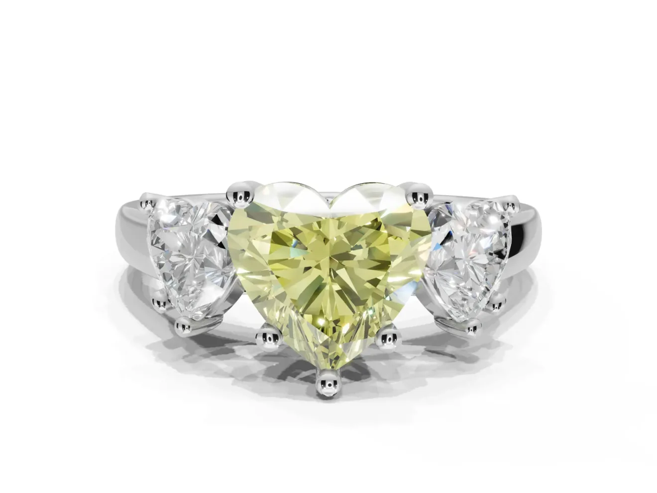 Heart-Shaped Three Stone Engagement Ring Setting for a Fancy Yellow Lab-Grown Diamond | Tapered Band | Sterling Silver