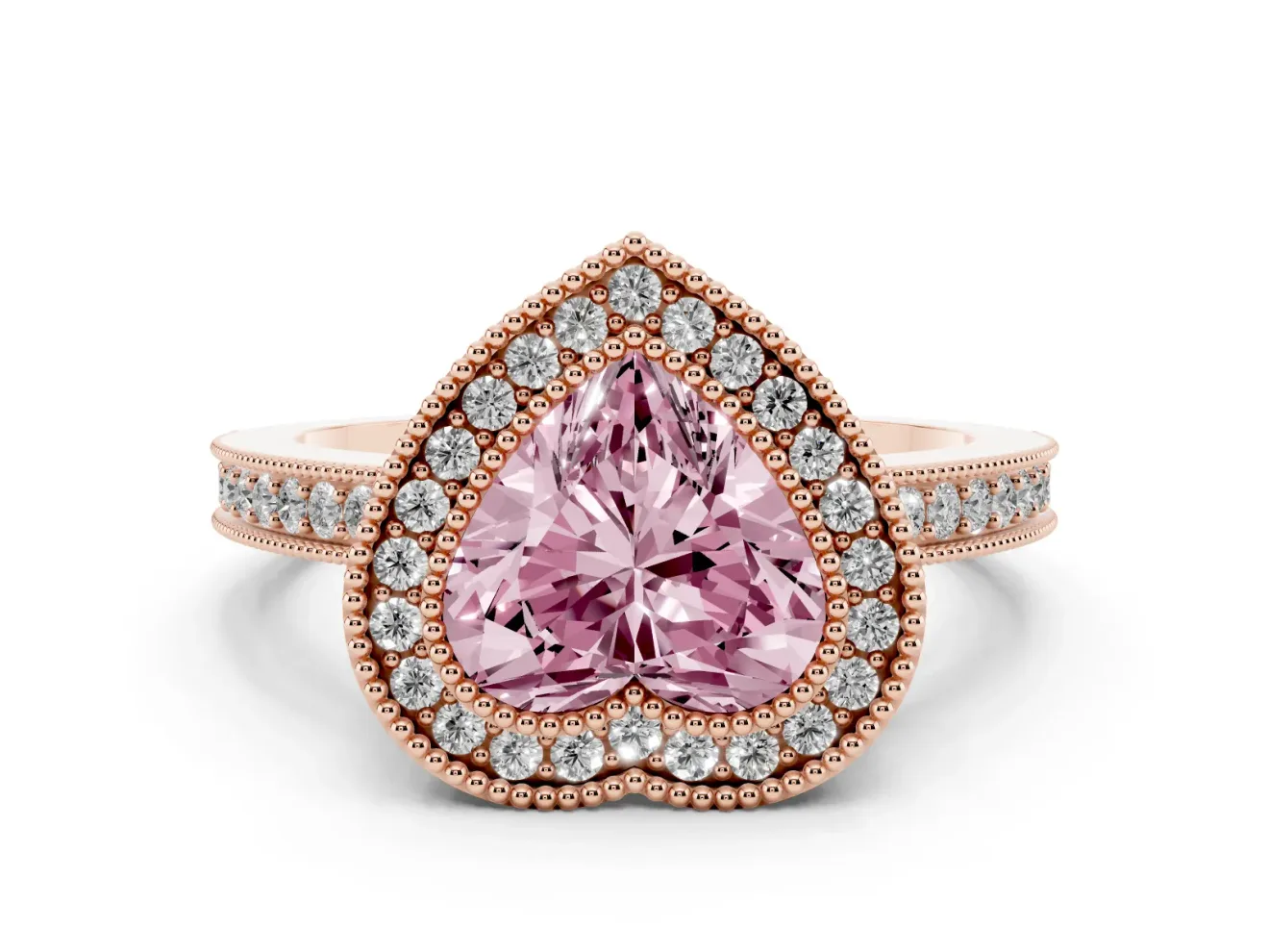 Fancy Pink Heart Cut Diamond Round Halo Ring Set in Rose gold with Pavé Band
