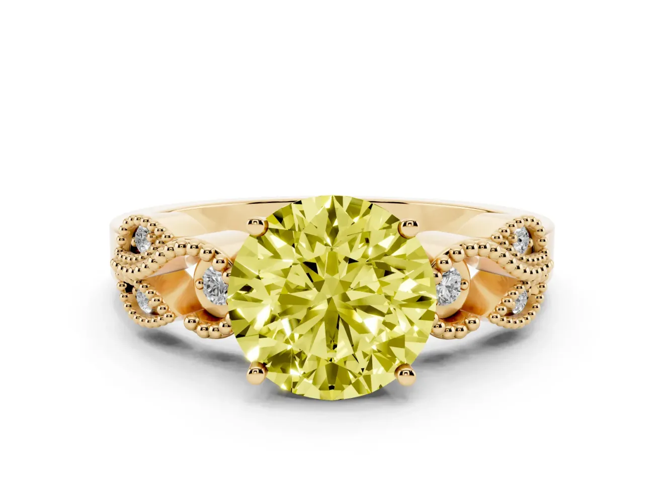 Fancy Yellow Round Cut Diamond Milgrain Leaf Band Solitaire Ring Set in Yellow gold with Accent Stones and Prong Setting