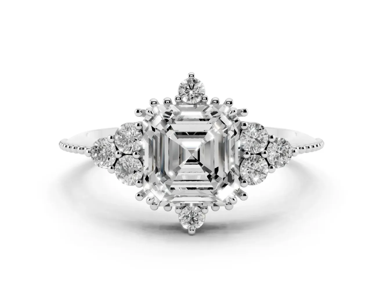 Asscher Cut Vintage Cluster Engagement Ring Setting | Beaded Edges | White Gold