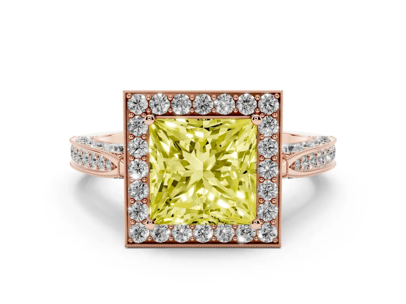 Princess Cut Milgrain Halo Engagement Ring Setting for a Fancy Yellow Lab-Grown Diamond | Side Stones | Rose Gold