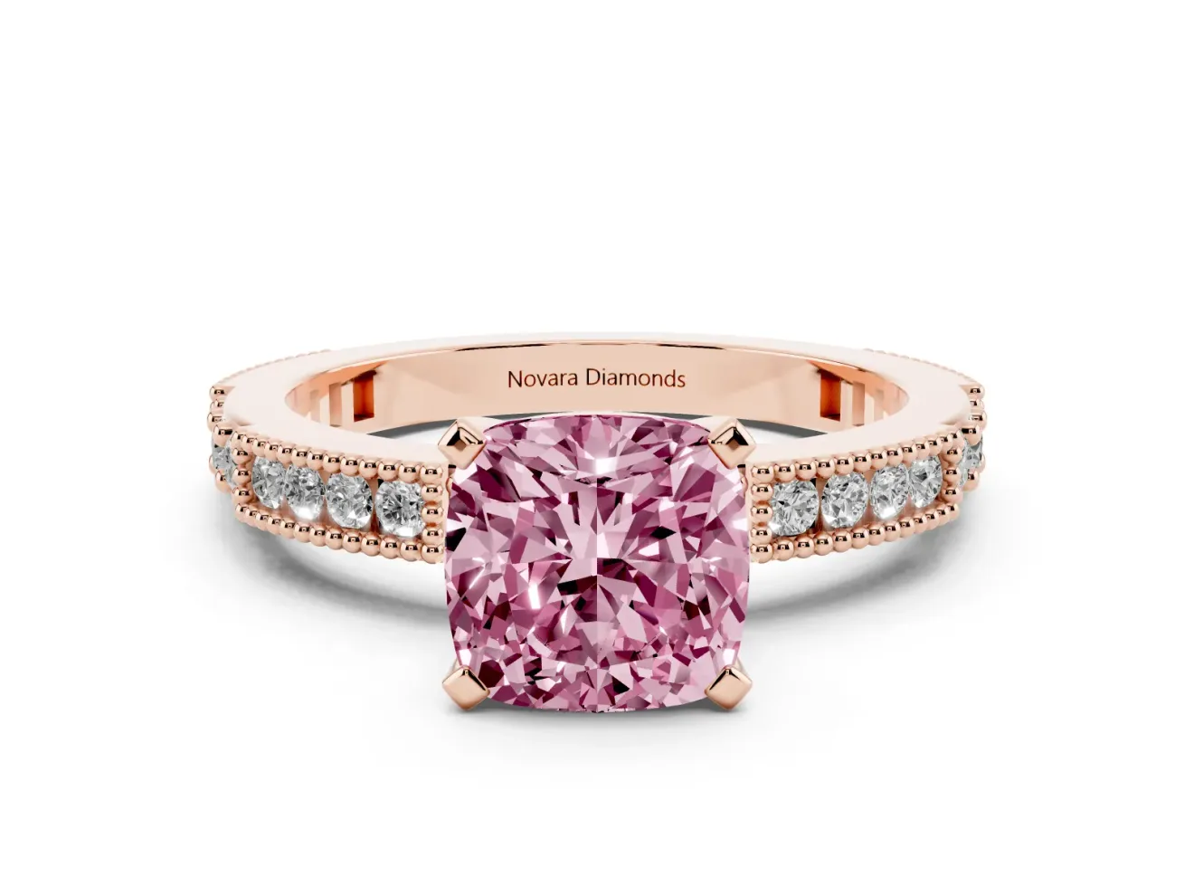 Fancy Pink Cushion Cut Diamond Solitaire Ring Set in Rose gold with Slim Pavé Band and Prong Setting