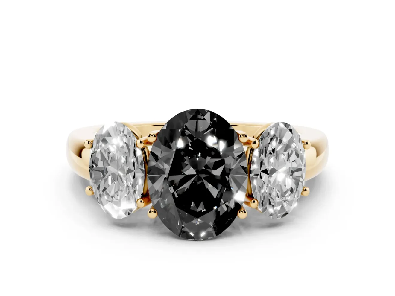 Oval Three Stone Engagement Ring Setting for a Black Center | Matching Side Stones | Yellow Gold