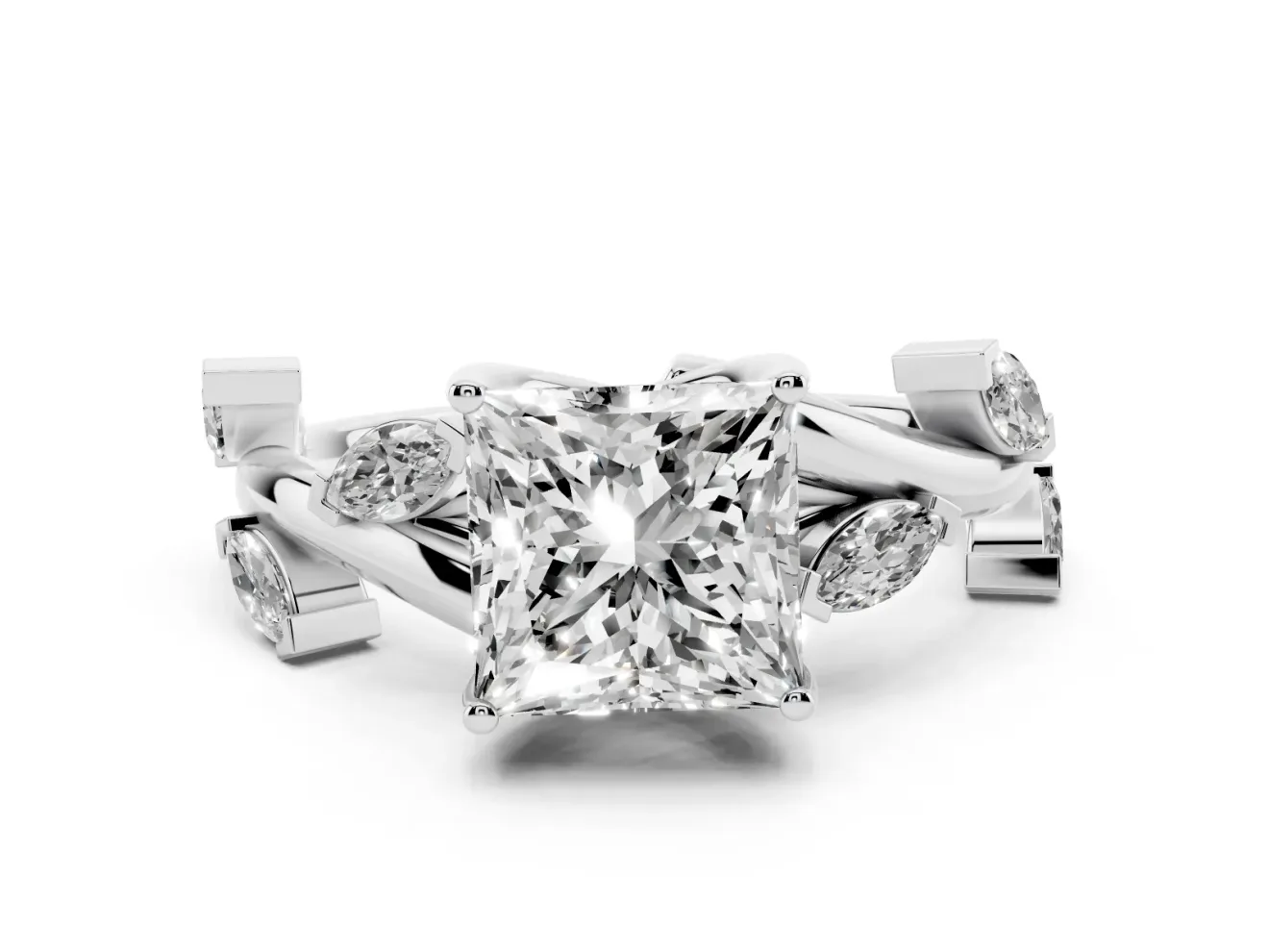 Princess Cut Twisted Vine Engagement Ring Setting | Marquise Side Stones | Sterling Silver