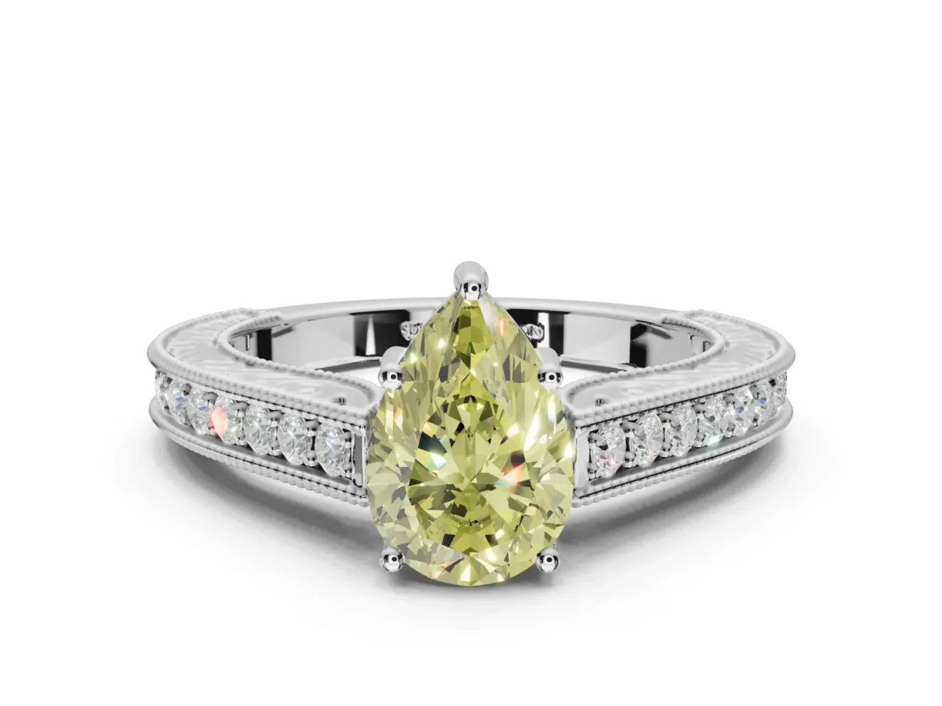 Pear-Shaped Vintage Pavé Engagement Ring Setting for a Fancy Yellow Lab-Grown Diamond | Sterling Silver