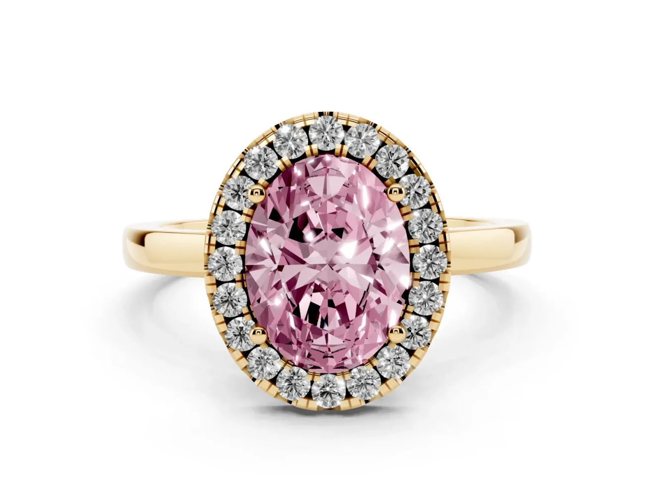 Oval Thin Halo Engagement Ring Setting for a Fancy Pink Lab-Grown Diamond | Plain Polished Band | Yellow Gold