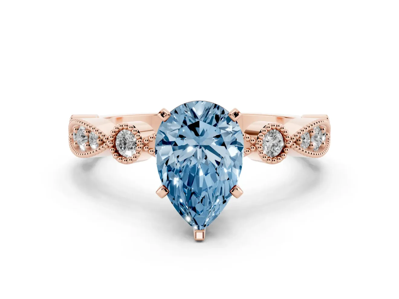 Fancy Blue Pear Cut Diamond Solitaire Engagement Ring Set in Rose gold with Milgrain Bezel Accent Band