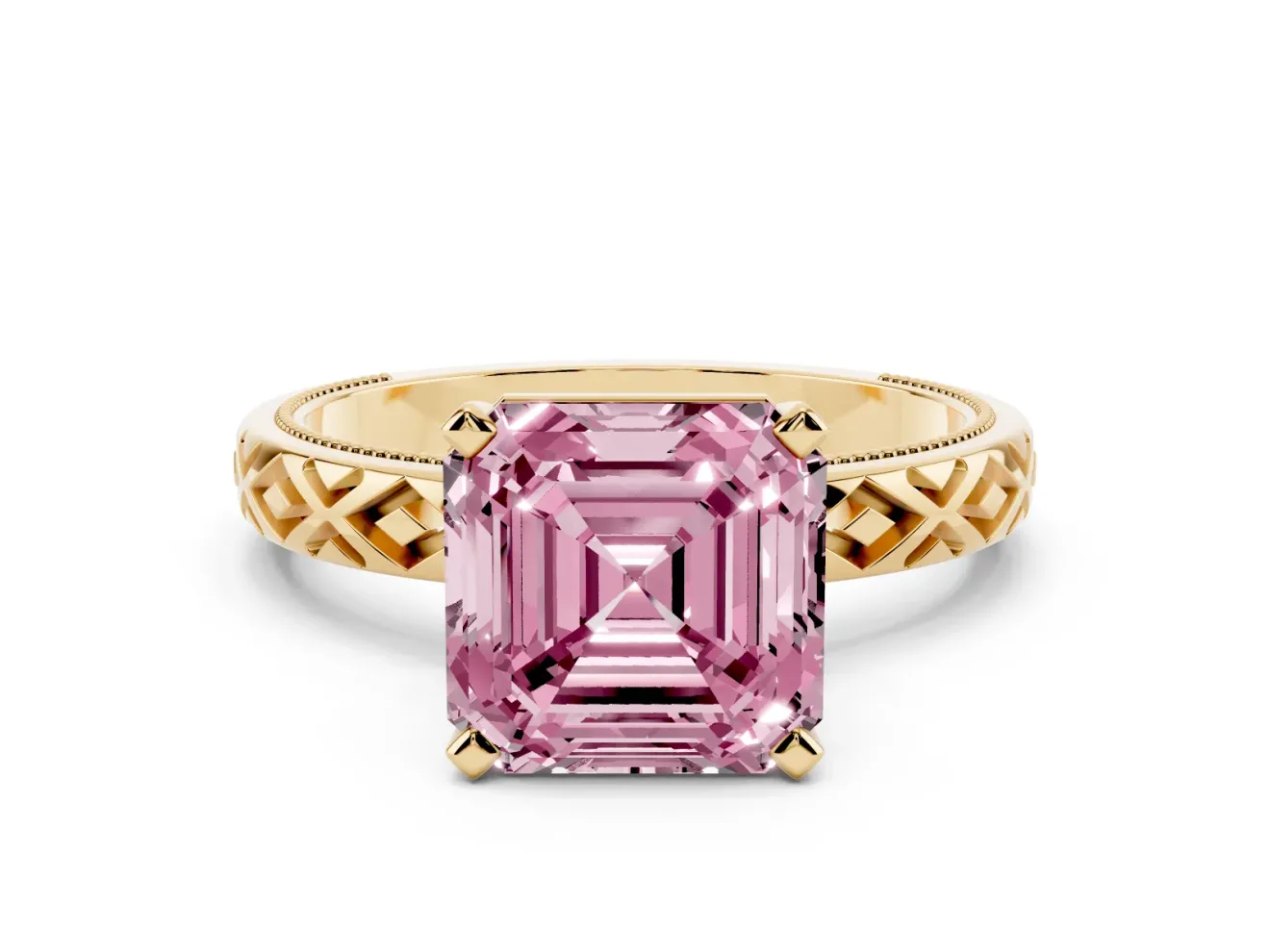 Fancy Pink Asscher Cut Diamond Solitaire Ring Set in Yellow gold with Milgrain and Black Enamel X Pattern Band