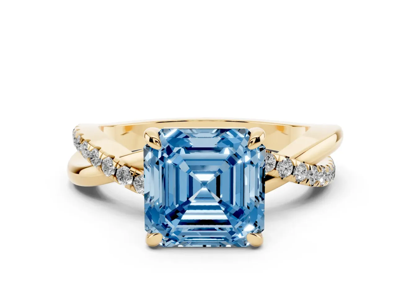 Fancy Blue Asscher Cut Diamond Twist Band Solitaire Set in Yellow gold with Pavé Accents and Prong Setting