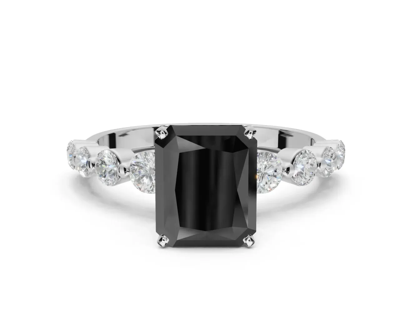 Radiant Cut Graduated Side Stone Engagement Ring Setting for a Black Center | White Gold