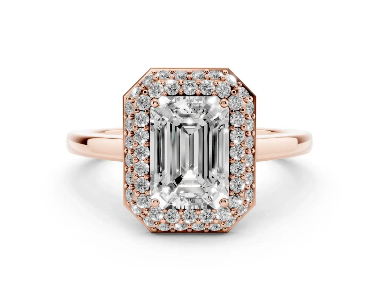 Emerald Cut Diamond Halo Engagement Ring Set in Rose gold with Solitaire Band and Prong Setting