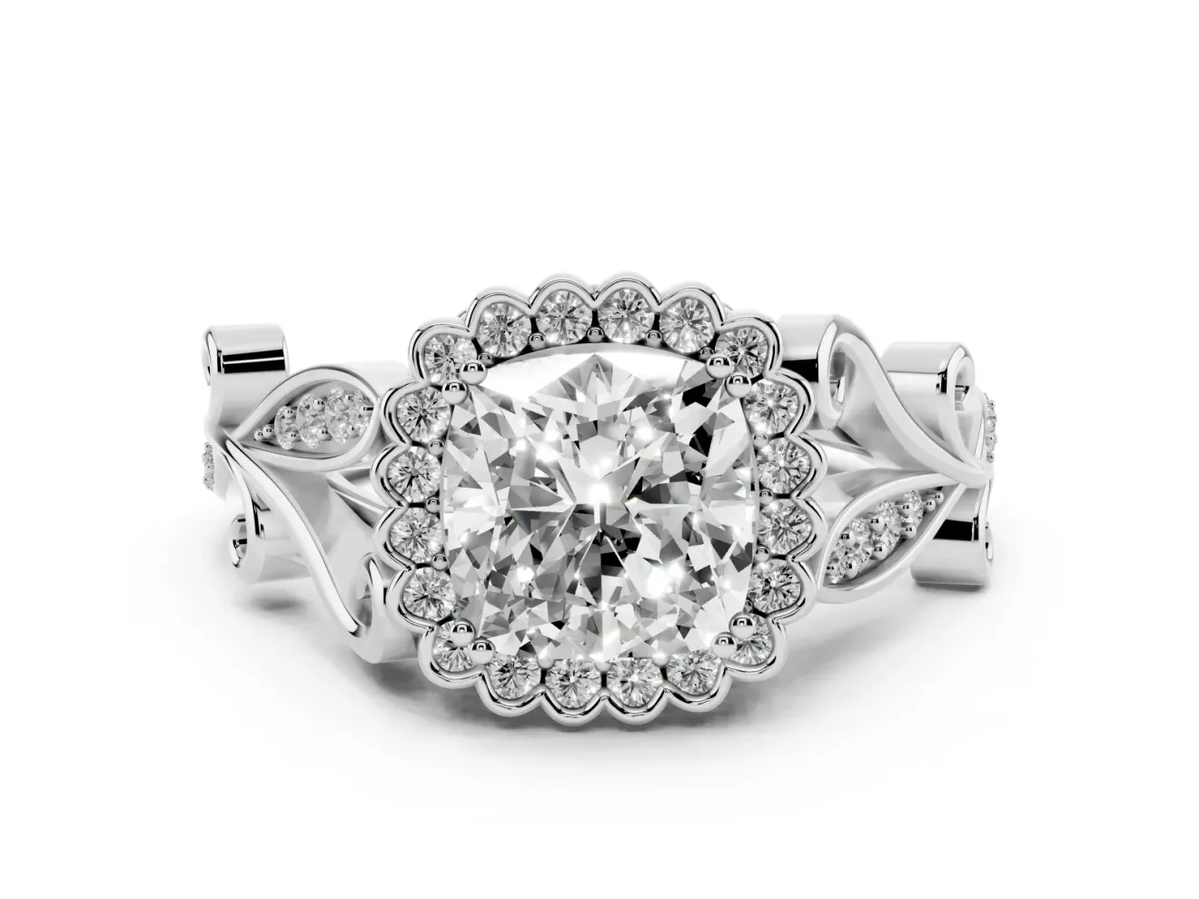 Cushion Cut Vintage Leaf Halo Engagement Ring Setting | Graduated Vine Shank | White Gold