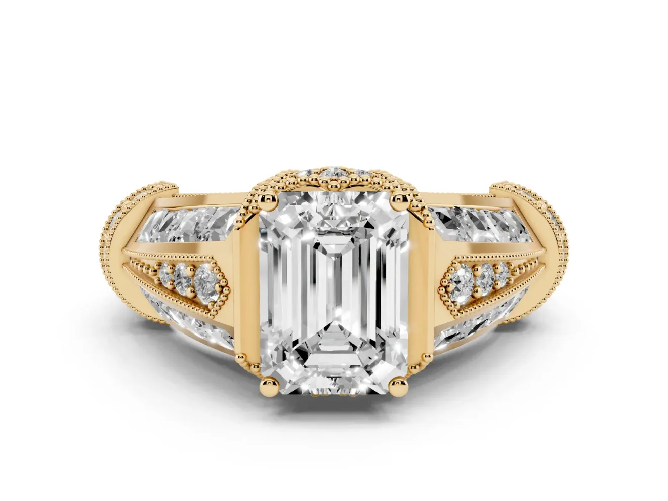 Emerald Cut Diamond Vintage-Inspired Milgrain Ring Set in Yellow gold with Accent Split Shank