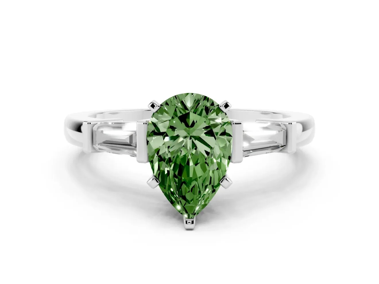Fancy Green Pear Cut Diamond Solitaire Ring Set in White gold with Tapered Baguette Accents and Prong Setting
